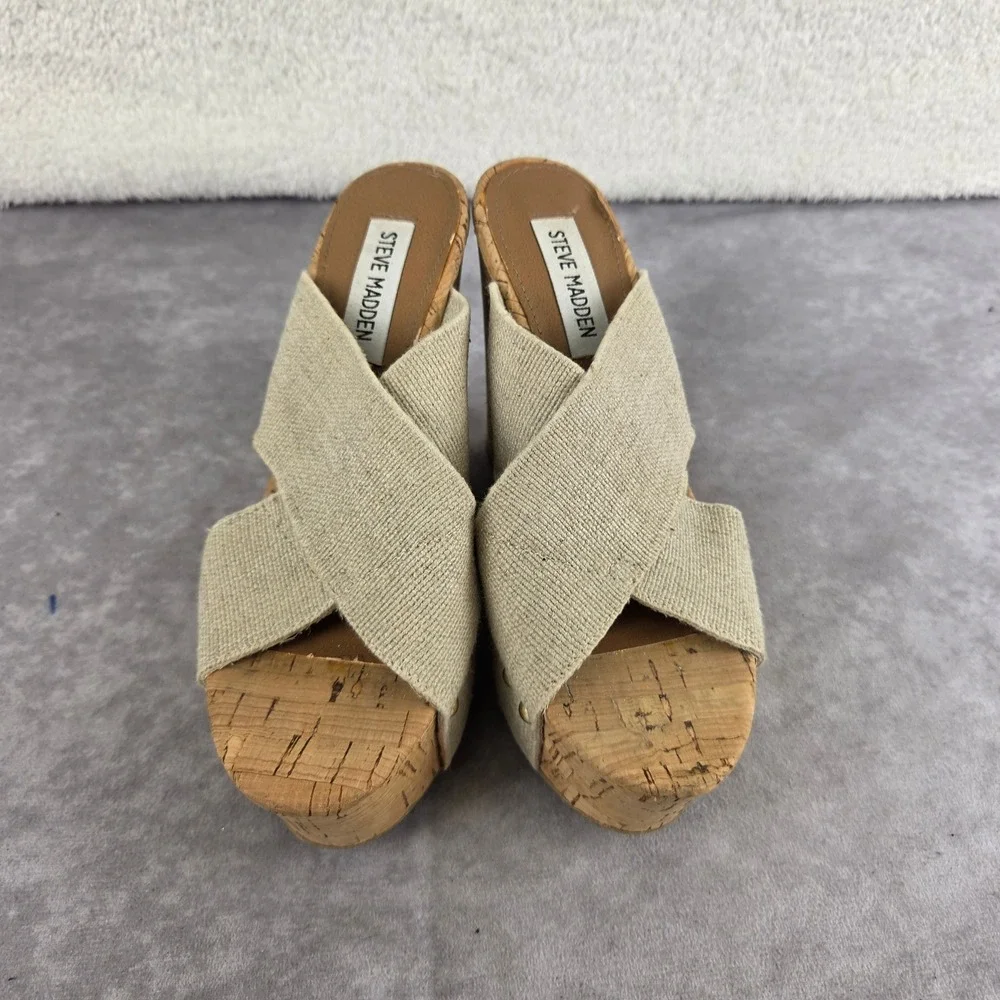 Steve Madden Womens Beige Fabric Crisscross Cork Platform Wedge Sandals S1941